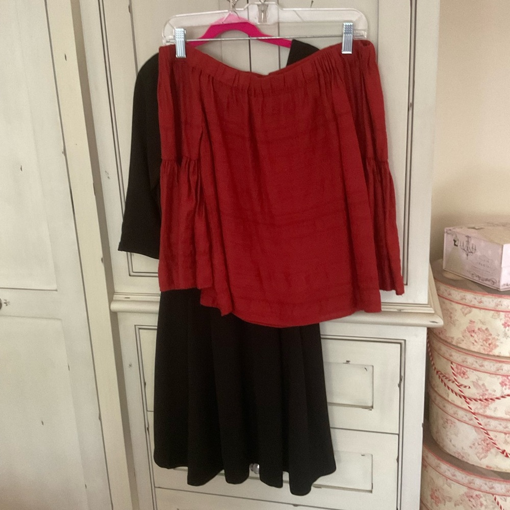 Burgundy off the shoulder blouse and Black fit and flare dress